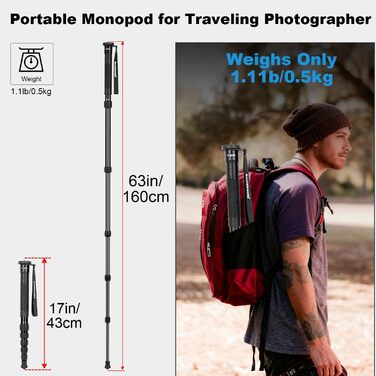 Штатив Koolehaoda 160 см з алюмінію з ручкою-підтримкою та тримачем для телефону, 1/4'-3/8' адаптер для DSLR/відеокамер, смартфонів