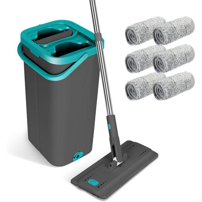 Masthome Mop Set with Bucket, 2-in-1 Mop Bucket, Flat Mop with 6 Microfiber Mop Pads, Hands-Free Mop Set and Bucket for Hardwood, Tile, Laminate, Marble, Floor Cleaning