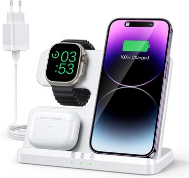 Бездротовий зарядний пристрій JARGOU 3-в-1: для Apple Watch, iPhone та AirPods Pro. Підходить для iPhone 16/15/14/13/12/11 Pro Max, Apple Watch 10/9/Ultra/8/7/6/SE/5/4/3 та AirPods Pro 4/3/2