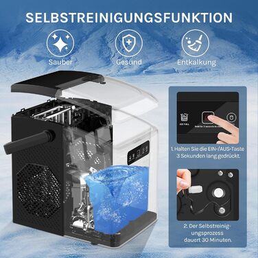 WOLTU 1.3L Ice Cube Maker Machine - Portable Ice Maker with Handle, Self-Cleaning, 2 Sizes, for Home, Camping, Office - Black