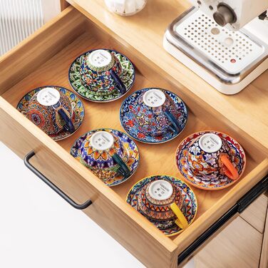 Набір кавових чашок капучино Vancasso SIMI (6 шт.) з блюдцями, 240 мл - фарфоровий посуд для 6 осіб, мікрохвильова піч, богемський стиль