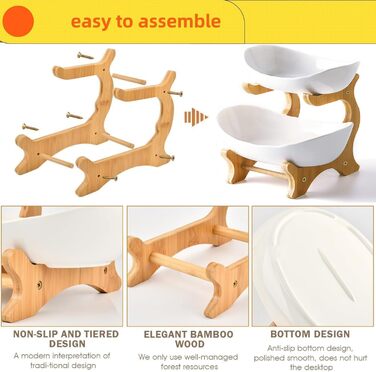 Керамічна фруктова тарілка-етажерка на 2 яруси MEESOGA з бамбуковою підставкою для кухні | Фрукти, овочі, снеки