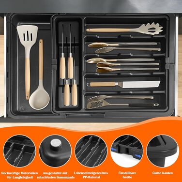 WwuHua Cutlery Box for Drawers, Drawer Insert Kitchen, Cutlery Insert for Drawers with Expandable Sides, 4-Sided Organizer Drawer Kitchen with 2 Knife Holders, Black