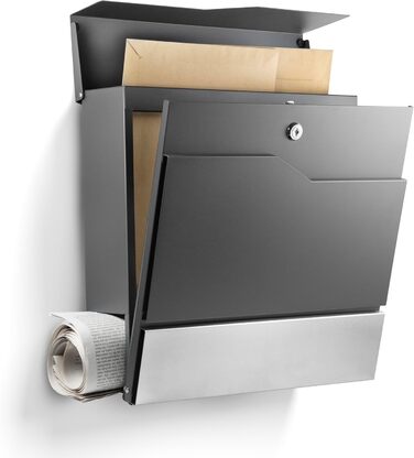 Поштовий ящик настінний Modern Manhattan антрацит RAL 7016 з газетницею та гравіюванням (без гравіювання). Нержавіюча сталь, стійкий до УФ-випромінювання