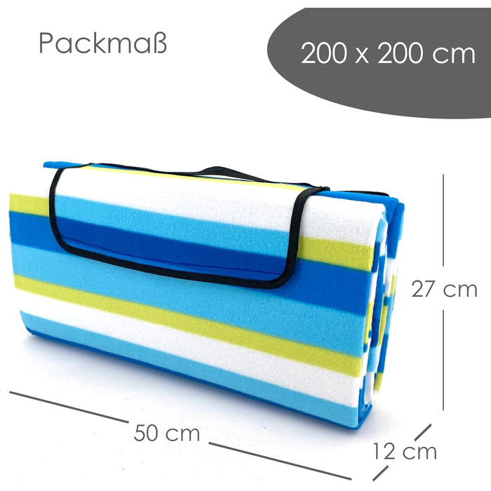 Плед для пікніка Heimtexland XL 200x200 см, водонепроникний, блакитний в смужку - килимок для пляжу, кемпінгу, фестивалів