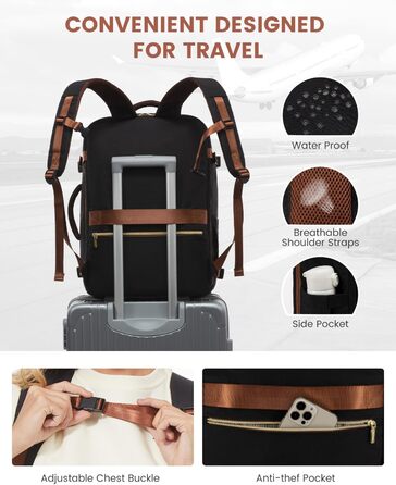 LOVEVOOK Рюкзак ручної поклажі 40L, жіночий водонепроникний рюкзак для подорожей з відділенням для взуття, рюкзак для ноутбука (17.3 дюйми) для школи, роботи, подорожей (чорний+каштанового кольору)
