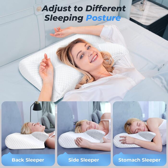Подушка для шиї Saheyer з піною з пам'яті, 2 в 1: підтримка шиї, подушка для голови, для сну на боці, на животі та на спині, знімний та дихаючий чохол, 59 * 43 * 12/15 см, сірий та білий