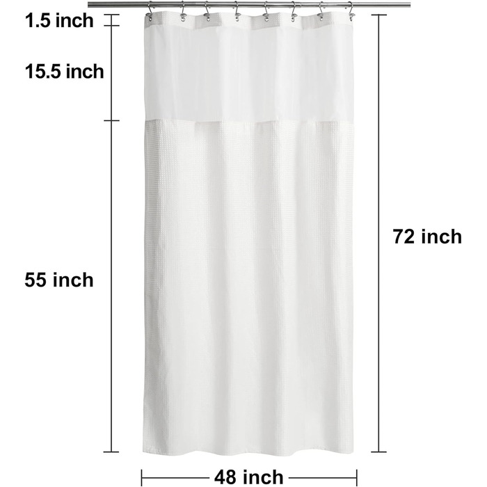Штора для душу N&Y HOME з вафельної тканини з підкладкою, 12 гачків, біла, 180x183 см, готельний стиль, водонепроникна, важка, з віконцем