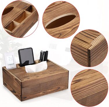 SUMTREE Vintage Rectangular Tissue Box Holder made of Wood with 3 Compartments for Stationery, Remote Controls, Tissue Dispenser Storage Box, Tissue Organizer, Decor (Brown, Large)