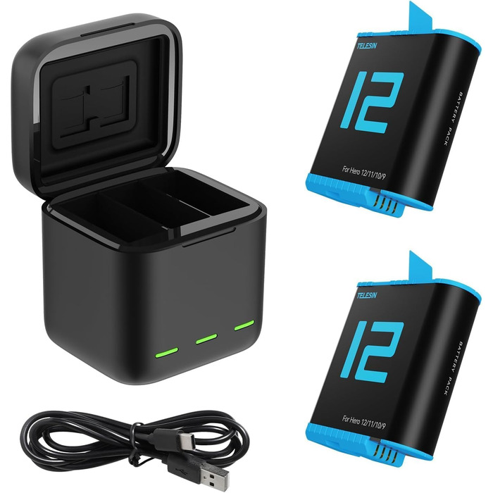 TELESIN Акумулятор для GoPro Hero 12/11/10/9 Black + зарядний пристрій на 3 слоти + USB-C кабель