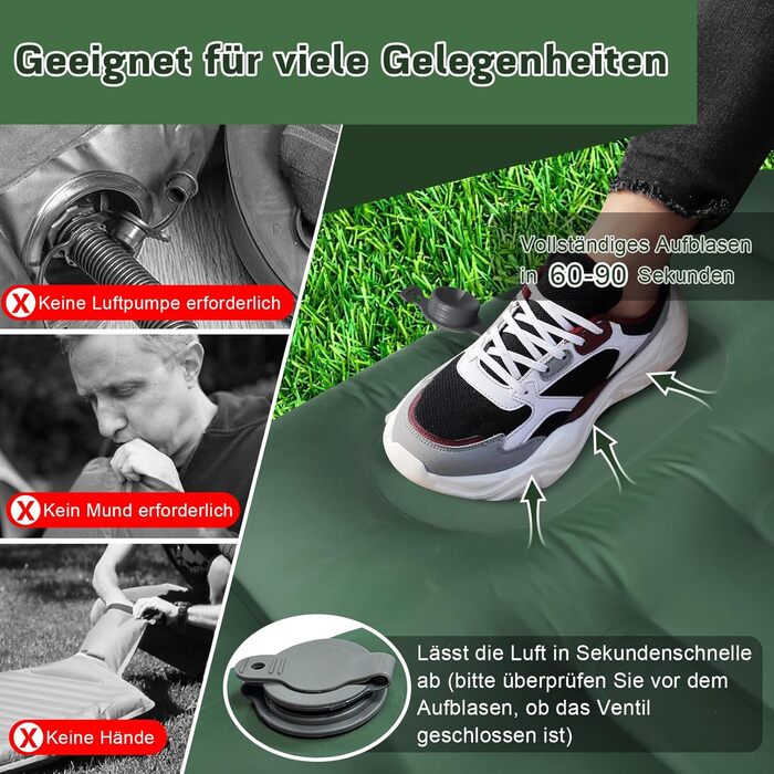 MILFECH Килимок для кемпінгу самонадувний, 14 см, з інтегрованими подушками та насосом для ніг, ультралегкий, водонепроникний, для відпочинку на природі, туризму, зелений