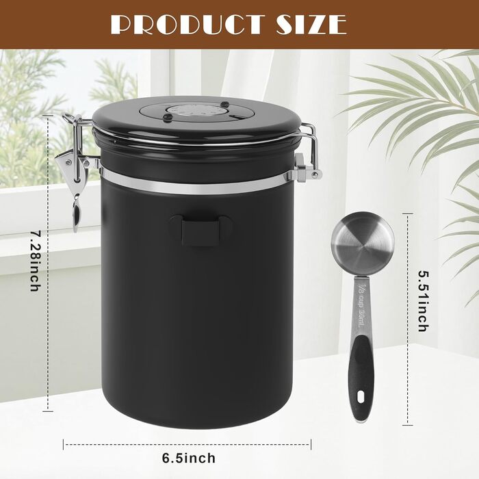 Герметична кавова банка 1,8 л з нержавіючої сталі з датою та ложкою, для кави, чаю, горіхів, какао (чорна)