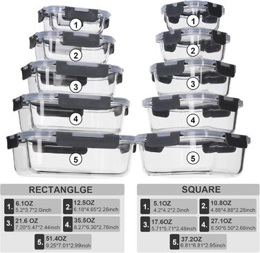 Набір контейнерів для зберігання їжі з боросилікатного скла з кришкою, BPA-free, герметичні, для мікрохвильової печі, духовка, посудомийна машина – контейнери для Meal Prep для кухні, офісу (SA101)