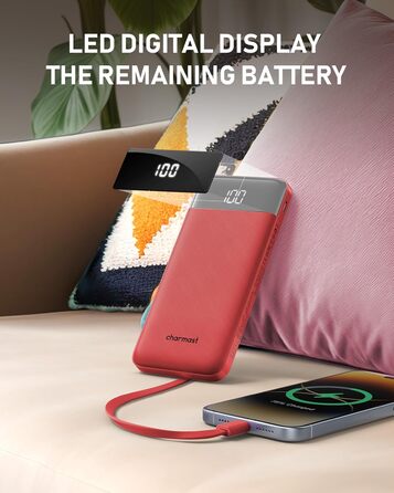 Powerbank Charmast 10000mAh з вбудованими кабелями, 6 виходів, 3 входи, USB-C, для iPhone, iPad, Samsung, червоний
