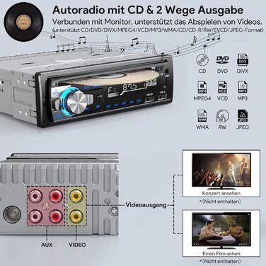 Автомагнітола CENXINY 1 DIN з Bluetooth, CD, RDS, FM/MP3, 2 USB для музики та зарядки, гучний зв'язок