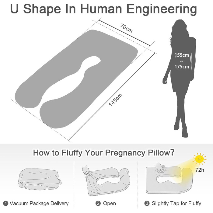 Вагітний подушок U-подібної форми SHANNA, подушка для сну на боці, подушка для годування, бавовняний чохол, велика подушка для підтримки, комфортна подушка для дорослих, подушка для тіла, бавовна, чорний колір, 70 x 145 см