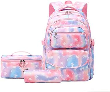Шкільний рюкзак Tanou для дівчаток 3 шт. з ланч-боксами та пеналом, дихаючий, легкий, 22 л, для 3-9 класів, фіолетовий (рожева зірка)
