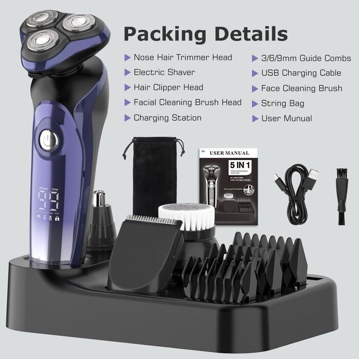 Електричний гоління для чоловіків Amurhey 5-в-1, тример для бороди, 3 насадки, 99 хв роботи, для мокрого та сухого гоління, станція зарядки, подарунок для чоловіків