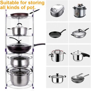 Pot Rack, 5-Tier Kitchen Storage Shelf for Pots, Pot Lids Storage Rack, High-Quality Chrome-Plated Stainless Steel Rack (5-Tier)
