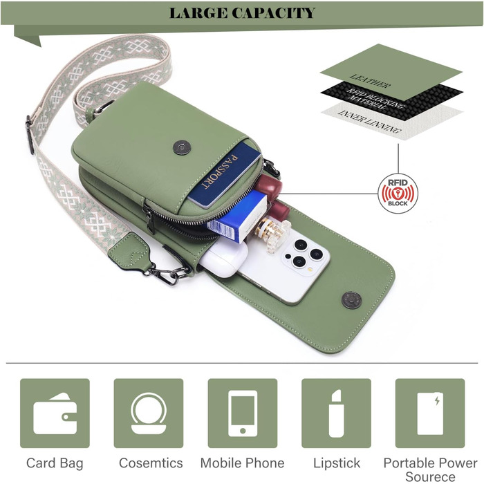 Сумка-органайзер на шию MUIIKOLA з RFID-захистом для телефону, веганська шкіра, зелений світлий. Сумка через плече для жінок з широким ременем та гаманцем.