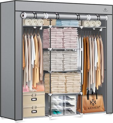 KESSER® Wardrobe Clothes Closet Stable with Clothes Rail & Shelves, Incl. 5x Clothes Hangers, Fabric Folding Closet for Bedroom, Dressing Room Wardrobe with Clothes Rack 150x45x175cm (Grey)