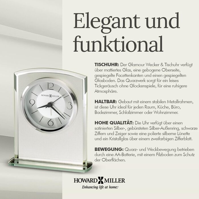 Настільний годинник Howard Miller Glamour 645-771, сучасний, матове скло, дзеркальні краї, кварцовий механізм, будильник