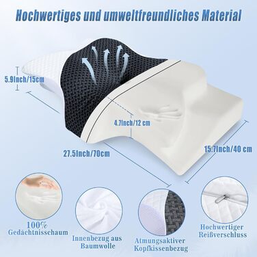 Подушка для шиї SAHEYER з Memory Foam, ортопедична, ергономічна, для сну на боці, 60x35.5x10/13 см (сіра)