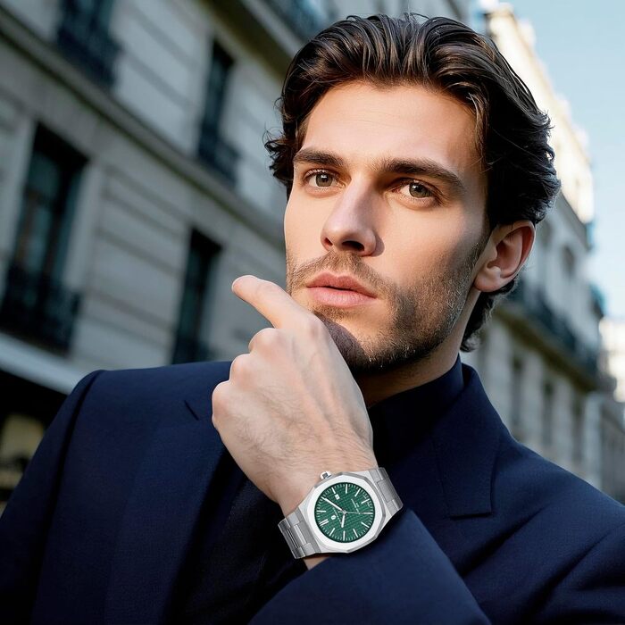 Годинник SAPPHERO для чоловіків з нержавіючої сталі, 50M водостійкий, класичний аналоговий кварцовий годинник з календарем. Елегантний подарунок для чоловіків (срібний браслет/зелене циферблат)