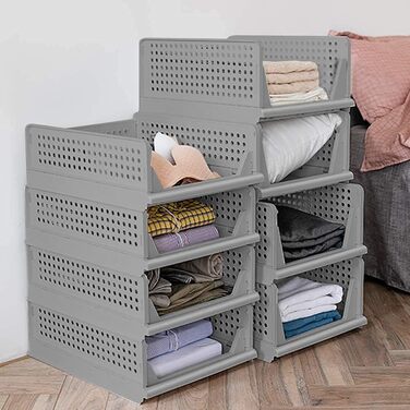 Set of 4 Stackable Folding Clothes Closet Storage Boxes, Plastic Closet Shelves, Closet Organizer Box, Pull-Out Drawer-Like Design, Suitable for Home, Bedroom, Kitchen (Gray)