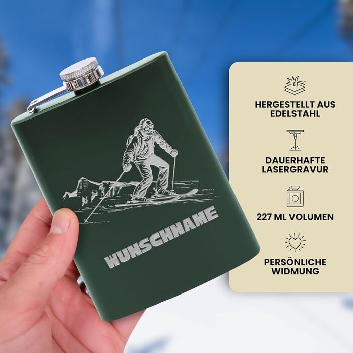 Фляга з нержавіючої сталі з гравіюванням Flanacom, 227 мл, з воронкою. Ідеальний подарунок для любителів катання на лижах. Персоналізована з індивідуальним гравіюванням (дизайн 4, зелений)