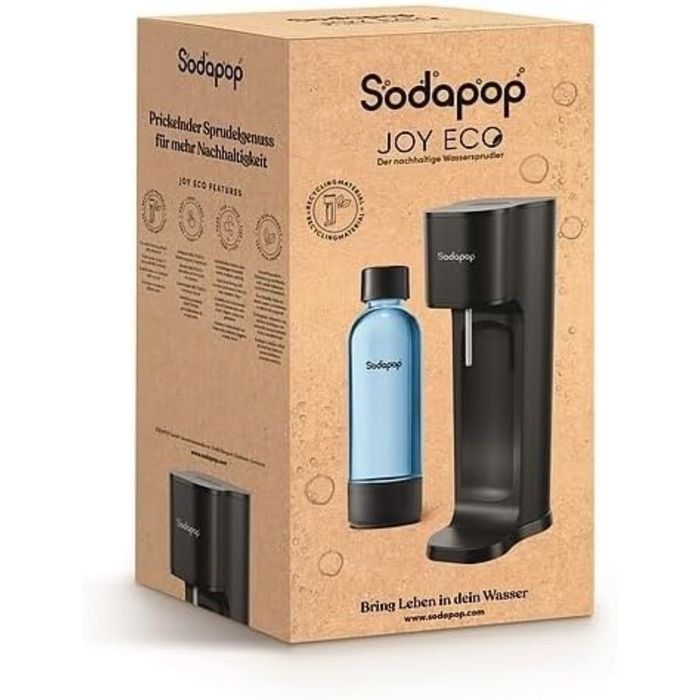 Sodapop Wassersprudler Logan Чорний Матовий - Газоварка для води з 2 скляними (850 мл, 600 мл) та 1 PET пляшкою (850 мл), 42.6 см