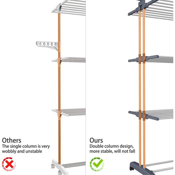 HOMIDEC Clothes Drying Rack Clothes Dryer Tower with Wheels, Space-Saving - with 6 Folding Wings and 2 Swivel Side Wings, Stainless Steel Standing Dryer Clothes Tower for Indoor and Outdoor Use, Grey Grey XL