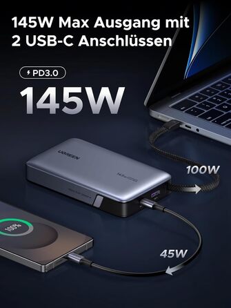 Power Bank UGREEN Nexode 20000mAh 145W з USB-C кабелем, для ноутбуків та смартфонів (Samsung, iPhone, Dell)