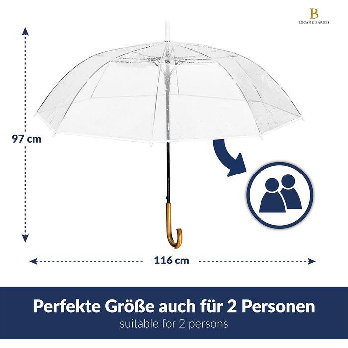 Logan & Barnes Transparent Wedding Umbrella - 120cm Diameter with Real Wood Handle - Elegant Large Umbrella for 2 People - Cardiff Model (XL, Transparent with White Trim)