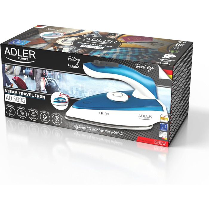 Подорожній праска Adler Europe Mini 1700W з нержавіючою підошвою, 60 мл резервуар та 1,94 м кабелем