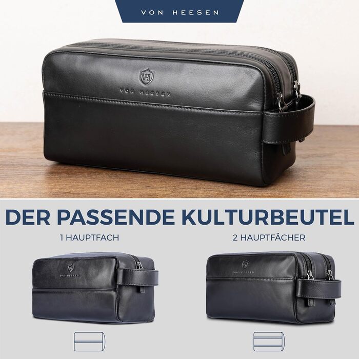 Чоловіча та жіноча косметичка VON HEESEN з натуральної шкіри - дорожня сумка, несесер для подорожей, чорна, велика (2 відділення)