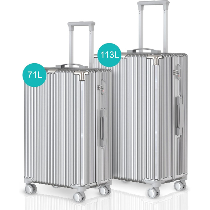 Набір валіз Voyagoux 3 шт. - 39L, 71L, 113L, з TSA-замком, ABS, 4 колеса, срібний (M/L)