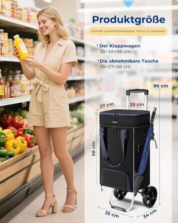 Тролей для покупок Ytonet: складаний, з відділенням для охолодження, 55 літрів, 68 кг, 3-в-1 (сумка-тележка, сумка для покупок), чорний