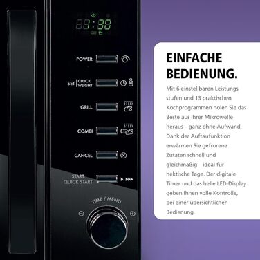 Мікрохвильова піч Brabantia з грилем, 20 літрів, 700W, окремо стояча, 13 автоматичних програм, 6 рівнів потужності, цифровий таймер, великий об'єм, чорна