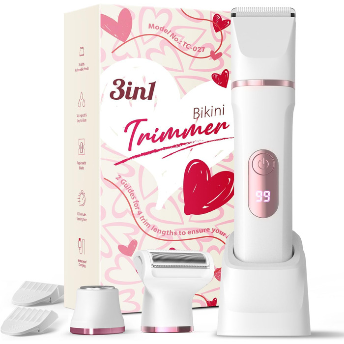 Електричний жіночий тример 3-в-1 для тіла та інтимної зони з LED-дисплеєм, IPX7, USB, (Білий)