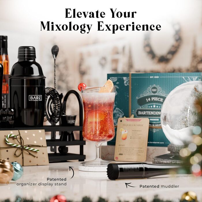 Набір бармена BARE BARREL® з 14 частин: шейкер, аксесуари для Мартіні, інструменти для приготування коктейлів, 35 рецептів, подарунковий набір (680 мл, чорний)