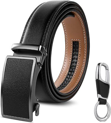 Чоловічий шкіряний ремінь Flintronic з автоматичною пряжкою (ратинг), ширина 3.5 см, довжина 130 см, з лінійкою та брелоком (у подарунковій коробці), чорний