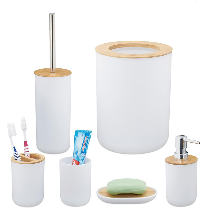 Набір для ванної кімнати Relaxdays, 6 предметів: аксесуари з пластику та бамбука, повний комплект