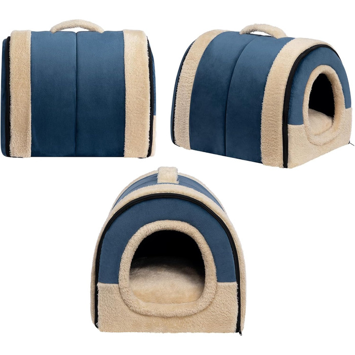 Hollypet Cat Bed, Small Dog Bed, 2-in-1 Foldable Plush Pet Bed for Cats & Small Dogs, Cozy and Soft Pet Cave Bed for Indoor Outdoor, (Dark Blue)