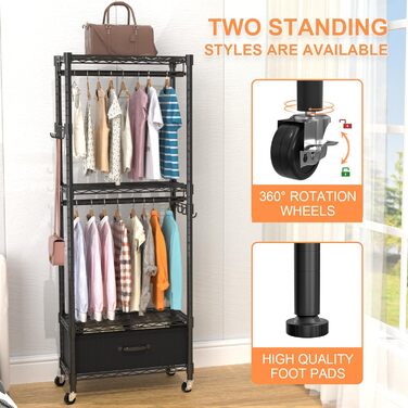 Clothes Rack, Clothes Rack, 4 Tier, Adjustable Closet Organizer System with Drawer | Double Rods | Side Hooks | Holds 445 lbs