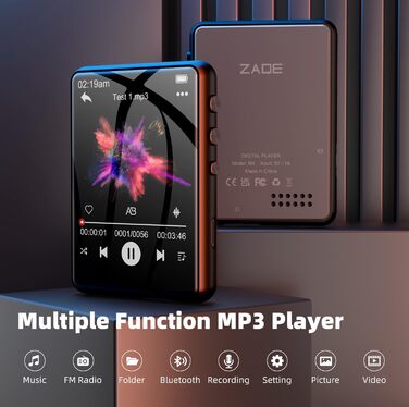 MP3-плеєр 64GB Bluetooth 5.3 з сенсорним екраном 2.4' та динаміком, запис голосу, FM-радіо, Line-in, для дітей, чорний