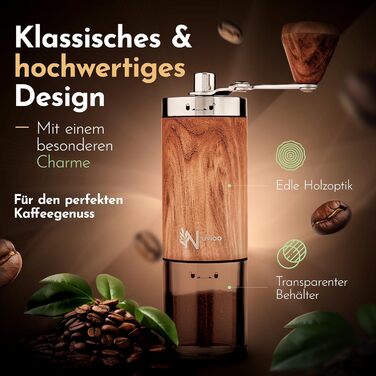 Ручна кавомолка Nuvioo з керамічним жорном, 8 ступенів помолу - для еспресо, кави, кемпінгу та відпочинку на природі