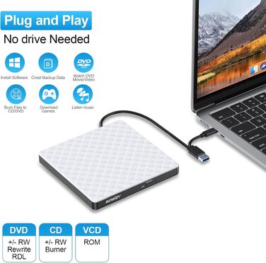 Зовнішній DVD-привід USB 3.0 та USB-C, CD/DVD Brenner для ноутбука та ПК (Windows, macOS, Linux), білий
