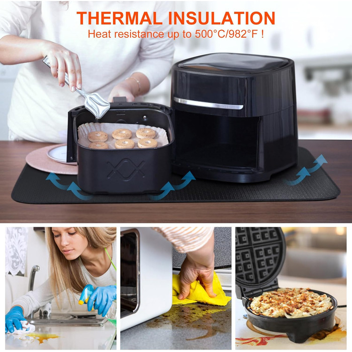 Стійка до вогню підставка під гаряче | Силіконова термостійка для столу | Килимок для фритюрниці | Підставка під кавоварку | Нековзна, водонепроникна (40 x 60 см) 40x60 см Чорна