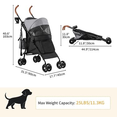 Візок для собак та котів DWVO, 11.3 кг, складний, з подушкою та кошиком для зберігання, 45x80x103 см (сірий/чорний)